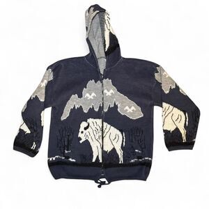 Men’s XL Yari Artesanias Wool Sweater Jacket Hoodie Full Zip Buffalo Design Ecua